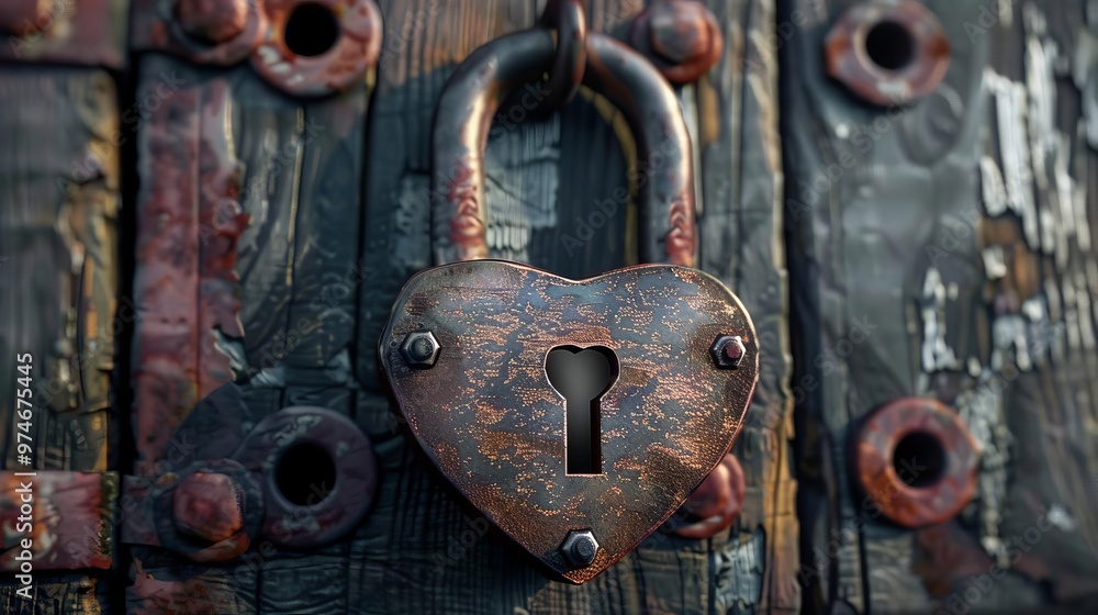 Rustic Heart Lock, a weathered heart-shaped padlock hangs on a decaying wooden door, evoking themes of love, secrets, and forgotten stories entwined in history. Rustic Heart Lock, a weathered heart-shaped padlock hangs on a decaying wooden door, evoking themes of love, secrets, and forgotten stories entwined in history.