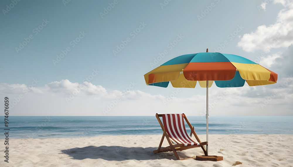 Colorful Beach Umbrella Under Blue Sky with Sandy Shoreline, Summer Relaxation and Vacation Colorful Beach Umbrella Under Blue Sky with Sandy Shoreline, Summer Relaxation and Vacation