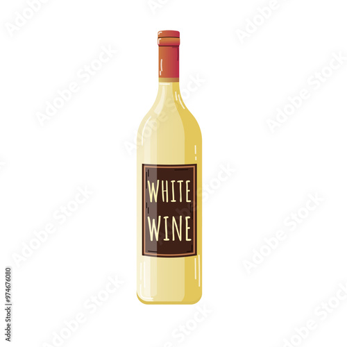 Bottle of white wine blanc isolated on white background alcoholic drink in flat vector style, bar restaurant menu for web, info graphics design illustration dark glass with label dark red cap golden