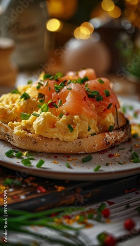 Bagel bliss soft scrambled eggs with smoked salmon and chives on a toasted bagel delight