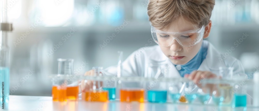 Fototapeta premium Young scientist conducting experiments, colorful liquids in beakers, focused expression, wearing lab coat and safety goggles, in a bright laboratory setting.