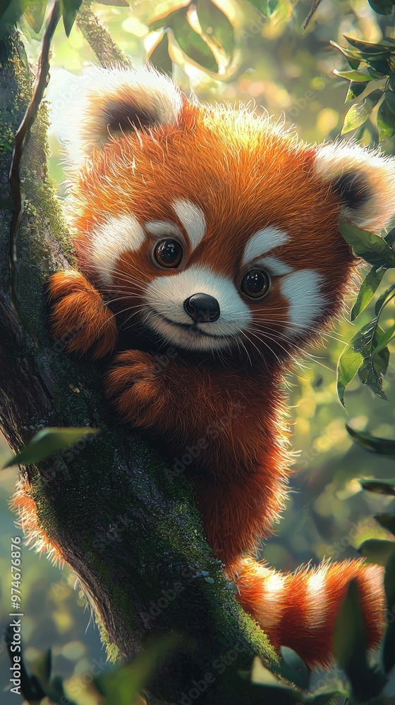 Adorable Baby Red Panda Climbing Tree Branch in Lush Forest Habitat with Space for Text Adorable Baby Red Panda Climbing Tree Branch in Lush Forest Habitat with Space for Text