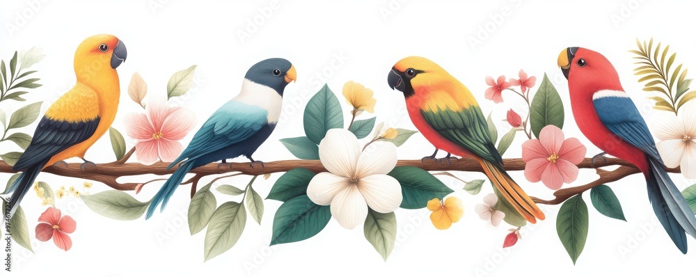 A vibrant illustration of colorful birds perched on a branch adorned with blossoms, perfect for nature and wildlife themes. A vibrant illustration of colorful birds perched on a branch adorned with blossoms, perfect for nature and wildlife themes.