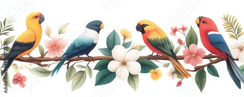 A vibrant illustration of colorful birds perched on a branch adorned with blossoms, perfect for nature and wildlife themes.