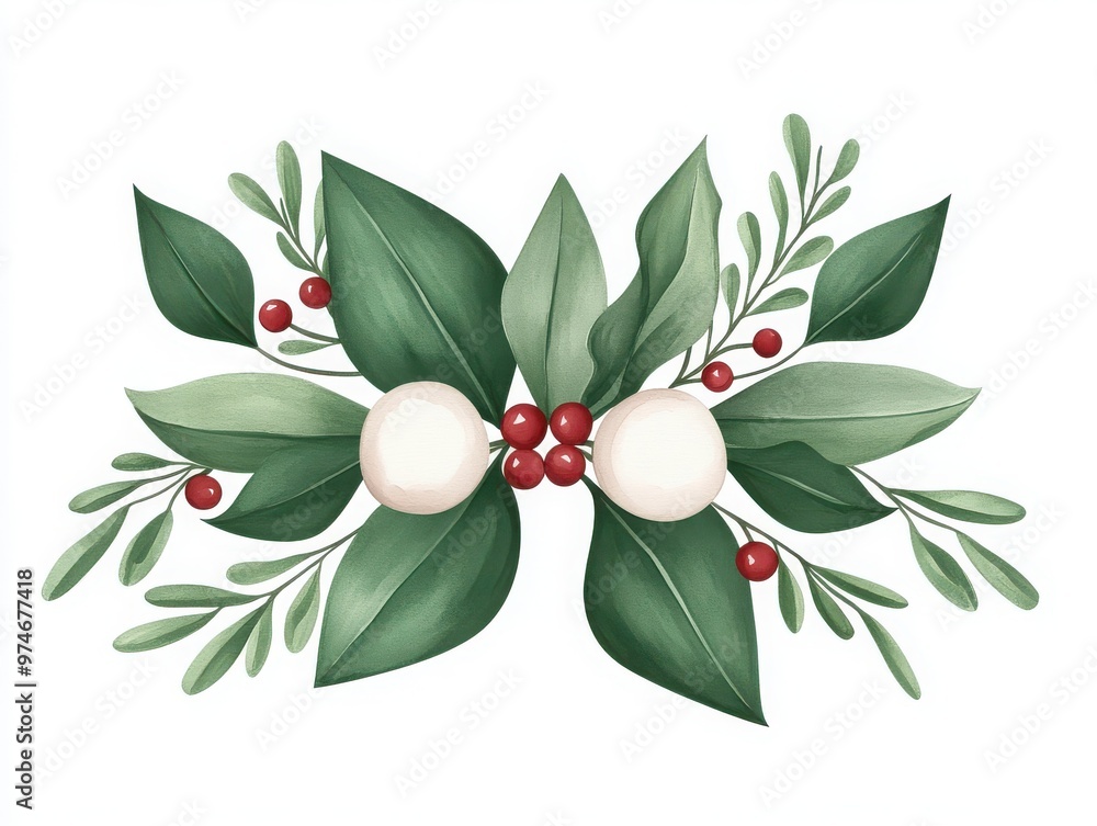 Beautiful greenery arrangement featuring leaves, berries, and white elements, perfect for holiday and seasonal decorations. Beautiful greenery arrangement featuring leaves, berries, and white elements, perfect for holiday and seasonal decorations.