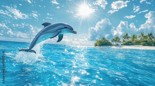 Joyful Baby Dolphin Leaping in Blue Ocean with Island in Distance - Copy Space