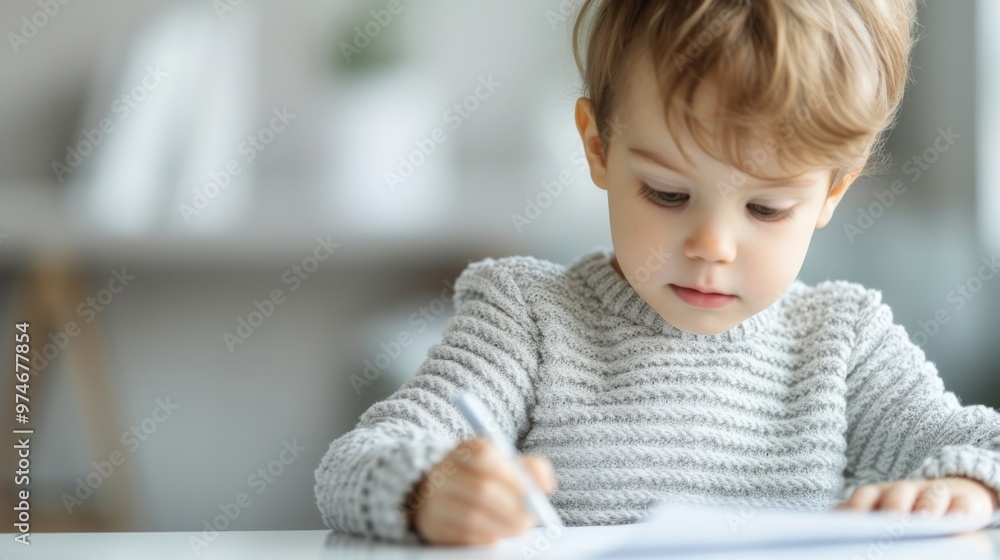 Child engaged in creative drawing, focused expression, cozy gray sweater, bright indoor setting, encouraging exploration and imagination through art. Child engaged in creative drawing, focused expression, cozy gray sweater, bright indoor setting, encouraging exploration and imagination through art.