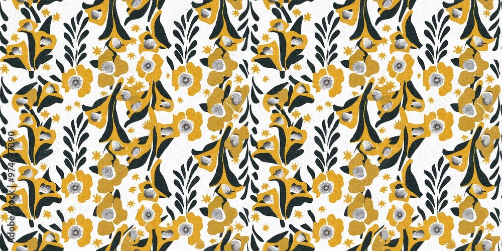 Modern printed fabric flower block print pattern with linen texture effect. Stylized boho dark floral for chic fashion background motif border design. Modern printed fabric flower block print pattern with linen texture effect. Stylized boho dark floral for chic fashion background motif border design.