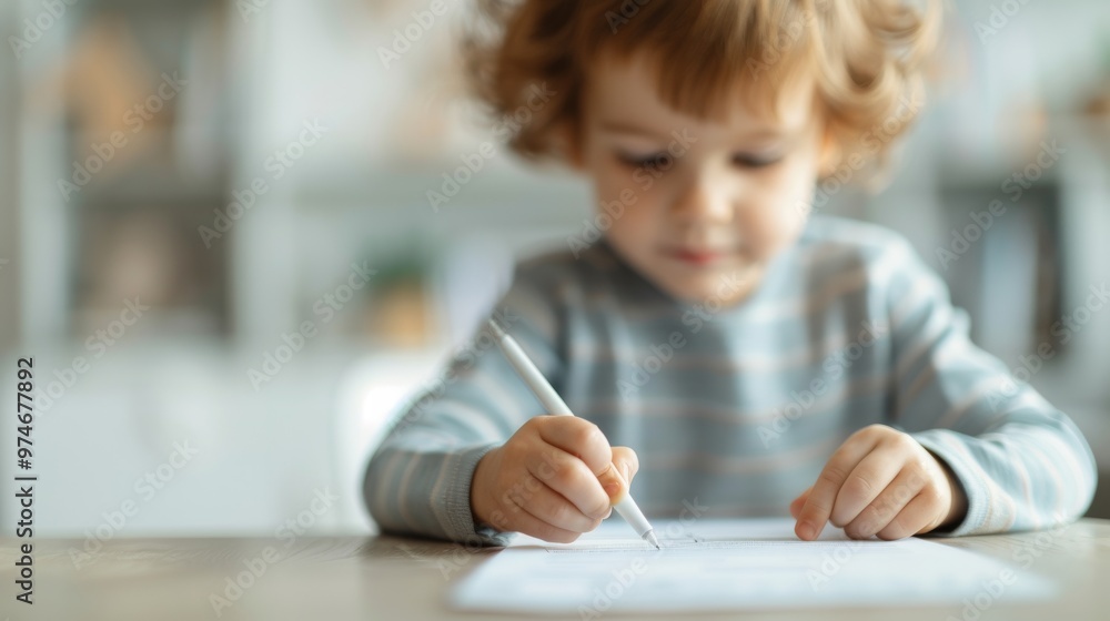 Child engaged in creative writing at a table, focused expression, light streaming in, subtle background details of a cozy room enhance the atmosphere of learning and imagination. Child engaged in creative writing at a table, focused expression, light streaming in, subtle background details of a cozy room enhance the atmosphere of learning and imagination.