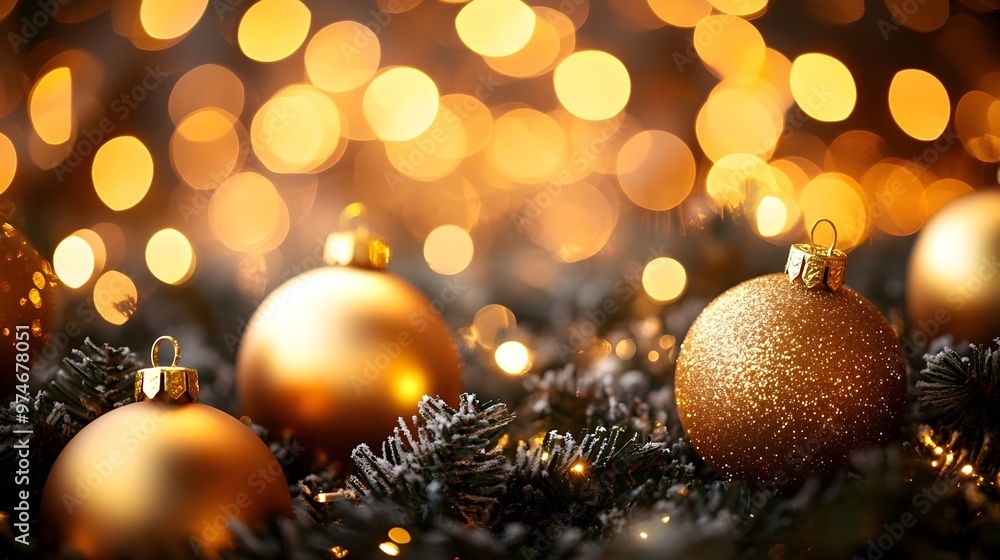 Golden Christmas Ornaments on Evergreen Branch with Lights Golden Christmas Ornaments on Evergreen Branch with Lights