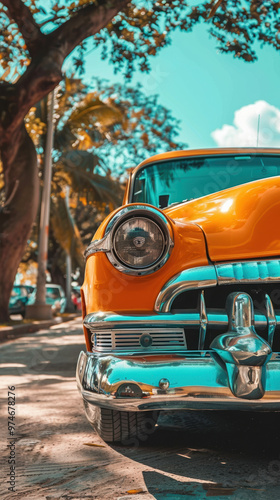 car vintage retro classic automobile yellow chrome headlight tree road nostalgia travel outdoor summer sky tropical palm trees sunny street urban parked shiny antique 