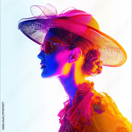 fashion woman colorful silhouette hat sunglasses profile light portrait vibrant neon elegant chic artistic glamour style model modern photogenic contemporary 
