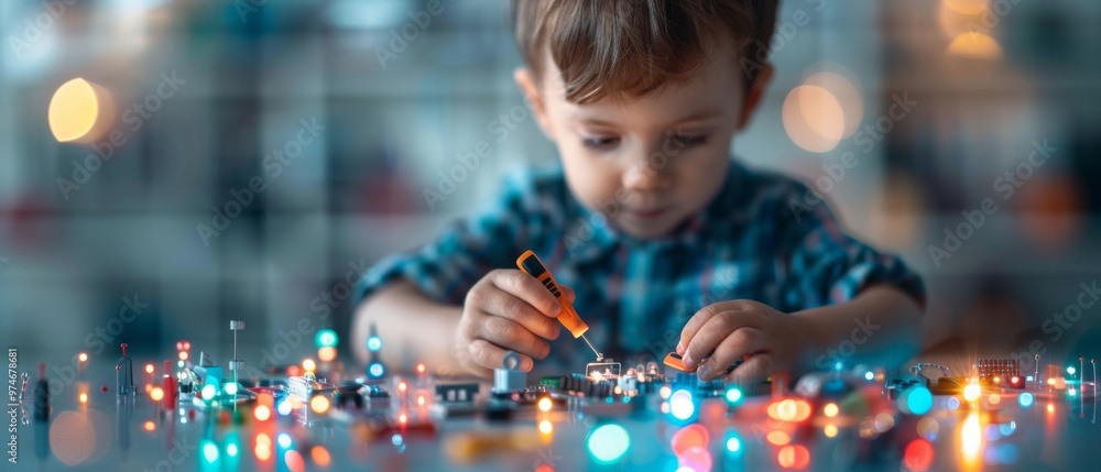 Child engaged in creative play, focusing on colorful miniature models with lights, exploring curiosity through hands-on learning and imaginative experimentation Child engaged in creative play, focusing on colorful miniature models with lights, exploring curiosity through hands-on learning and imaginative experimentation