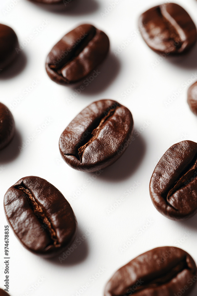 close-up of coffee beans on a white background, detailed texture, rich brown tones, focus on the surface details, high-quality close-up of coffee beans on a white background, detailed texture, rich brown tones, focus on the surface details, high-quality