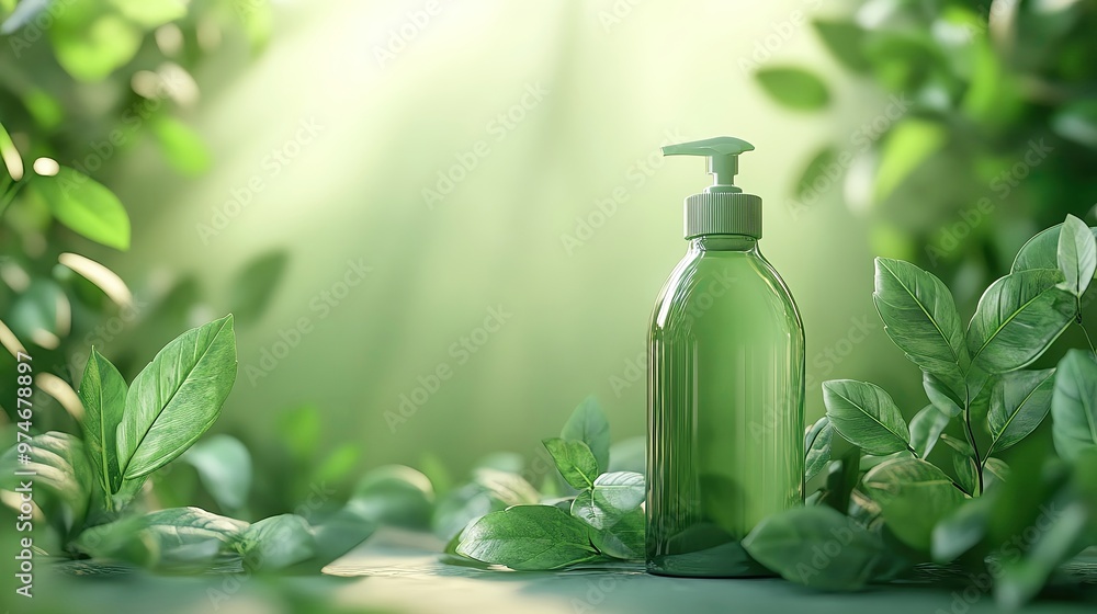 Green bottle surrounded by vibrant leaves, embodying nature and eco-friendliness for skincare or cosmetic products. Green bottle surrounded by vibrant leaves, embodying nature and eco-friendliness for skincare or cosmetic products.