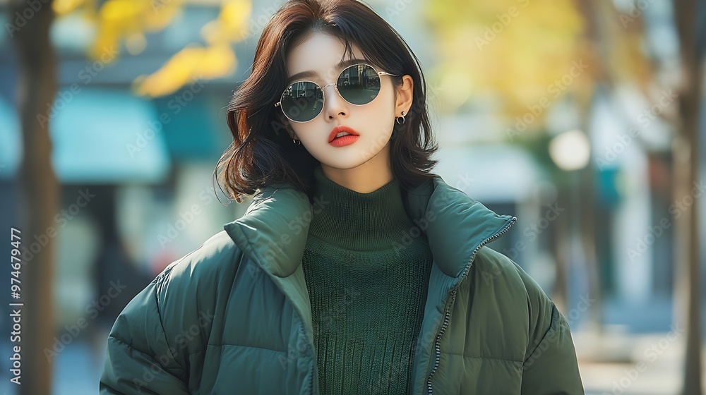 Fashion asian female model outdoor Green down jacket green skirt green sweater sunglasses Monochromatic look Urban city streets : Generative AI Fashion asian female model outdoor Green down jacket green skirt green sweater sunglasses Monochromatic look Urban city streets : Generative AI