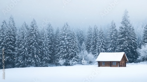 A serene winter landscape featuring a cozy cabin surrounded by snow-covered trees.