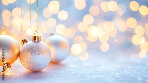 White and Gold Christmas Ornaments with Bokeh Lights