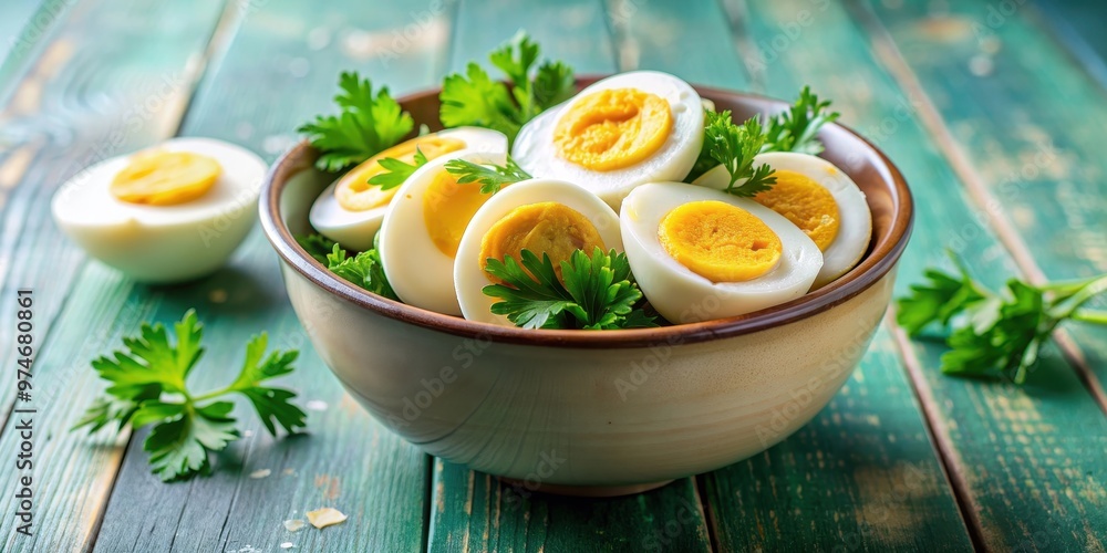 Vibrant boiled eggs in a bowl with parsley , food, eggs, colorful, bright, vibrant, boiled, healthy, protein, breakfast, meal Vibrant boiled eggs in a bowl with parsley , food, eggs, colorful, bright, vibrant, boiled, healthy, protein, breakfast, meal
