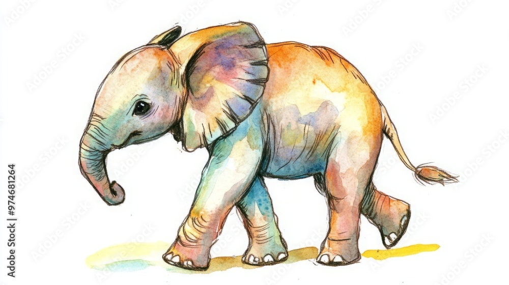 Obraz premium Charming Cartoon Drawing of a Cute Elephant in Watercolor Style. A Delightful and Playful Illustration Featuring a Joyful Elephant, Perfect for Children's Art and Whimsical Designs with Soft and Gentl