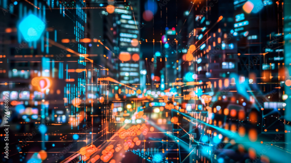Cityscape with many lights and dots. Dots of different sizes and colors are scattered throughout the image. The scene is chaotic and intense, with a sense of movement. Abstract background. Cityscape with many lights and dots. Dots of different sizes and colors are scattered throughout the image. The scene is chaotic and intense, with a sense of movement. Abstract background.