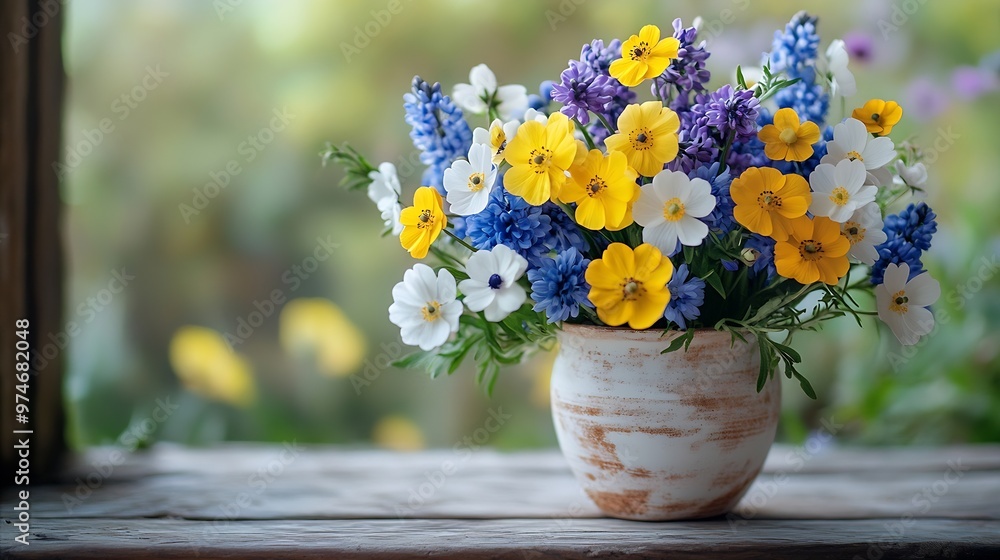 Bouquet of wild spring flowers in a cup blue muscari hepatica pansies yellow anemones white bird cherry Beautiful card : Generative AI Bouquet of wild spring flowers in a cup blue muscari hepatica pansies yellow anemones white bird cherry Beautiful card : Generative AI