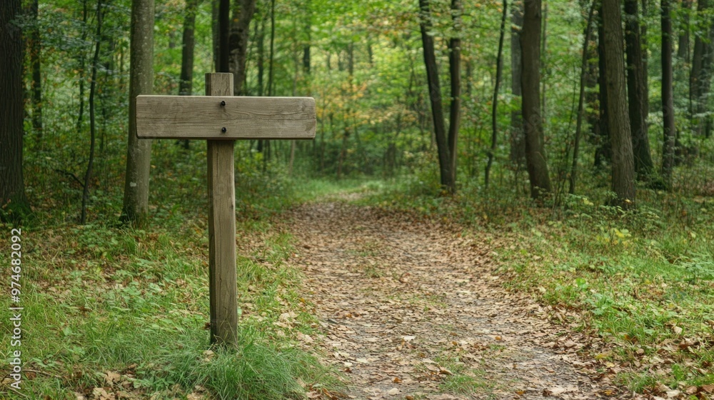 A wooden signpost stands at the edge of a forest path, inviting exploration of nature. A wooden signpost stands at the edge of a forest path, inviting exploration of nature.