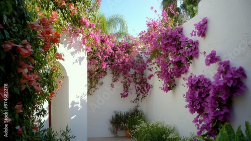 Bougainvillea Vines Climbing White Wall