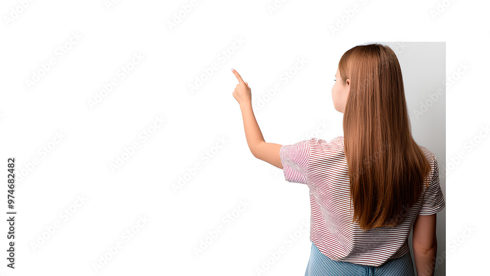 Beautiful girl pointing her index finger at white wall. Young woman making hand gesture indicating free space. PNG format Beautiful girl pointing her index finger at white wall. Young woman making hand gesture indicating free space. PNG format