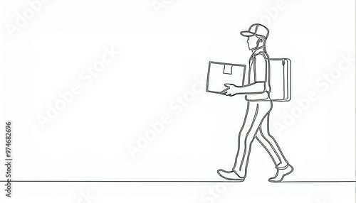 single continuous line drawing of the postman carries postal package; isolated on white background