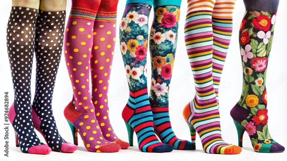 Vibrant, colorful hosiery with intricate patterns, including stripes, polka dots, and florals, adds a playful touch to any outfit or fashion accessory ensemble. Vibrant, colorful hosiery with intricate patterns, including stripes, polka dots, and florals, adds a playful touch to any outfit or fashion accessory ensemble.