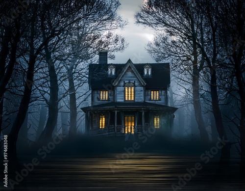 A terrifying picture of a house in the middle of a dark forest 