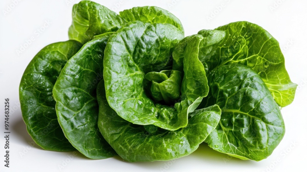 A fresh bunch of green romaine lettuce arranged neatly on a white background. A fresh bunch of green romaine lettuce arranged neatly on a white background.