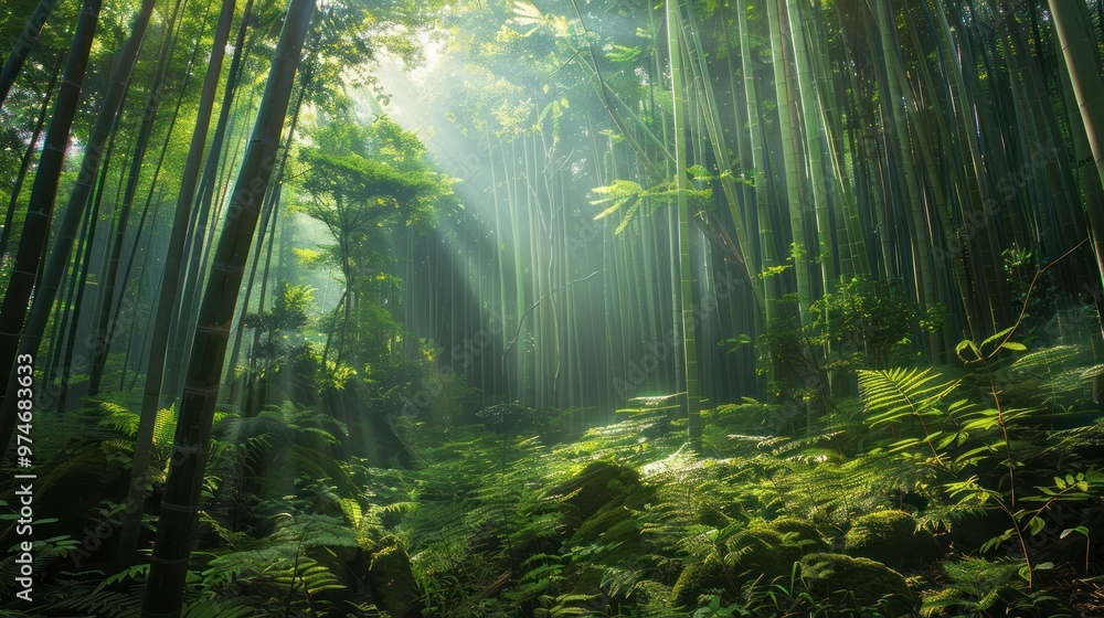 Obraz premium Sunlight Filtering Through Bamboo Forest