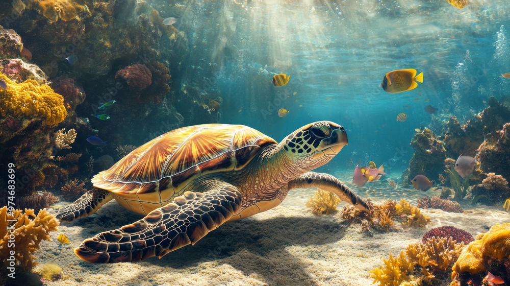 Fototapeta premium A high-resolution image of a sea turtle resting on a sandy coral reef, with colorful fish swimming nearby and the underwater ecosystem in full view