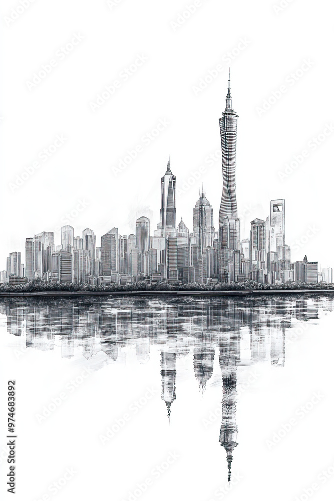 Obraz premium Guangzhou, China, black and white pen pencil hand-drawn effect portrait drawing illustration for travel poster, card, wallpaper, backdrop or banner. Modern, clear, artistic and simple