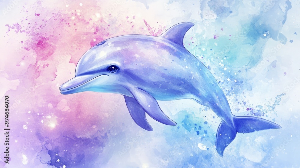 Obraz premium Full-body illustration of a cute dolphin with a fairytale face and big eyes in soft watercolor style. The dolphin is the central focus of the image, set against a magical background of light, dreamy c