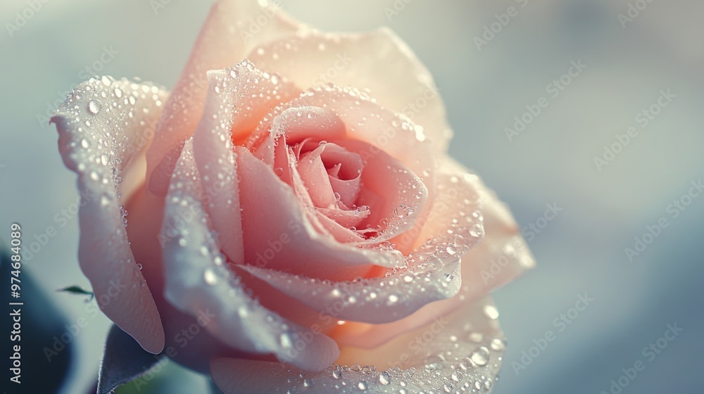 A high-resolution image of a single blooming rose with tiny water droplets on its petals, creating a fresh and elegant look against a soft focus backdrop A high-resolution image of a single blooming rose with tiny water droplets on its petals, creating a fresh and elegant look against a soft focus backdrop