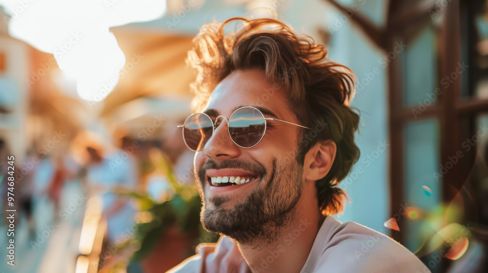 Portrait of a happy man in sunglasses walking through the streets of the city at sunset. Tourism concept, walking. Portrait of a happy man in sunglasses walking through the streets of the city at sunset. Tourism concept, walking.