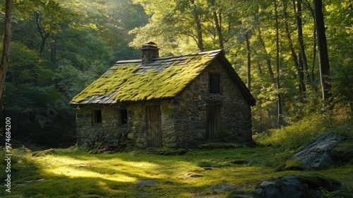 A moss-covered stone cabin nestled in a tranquil forest setting.