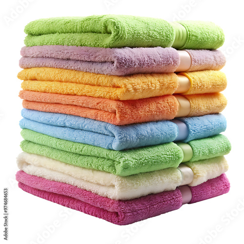 Stack of fresh, fluffy towels, isolated on a transparent background. 