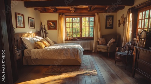 Cozy bedroom with natural light, wooden accents, and warm decor.