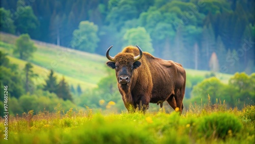 Fototapeta Naklejka Na Ścianę i Meble -  Wisent standing in a lush meadow in the Bieszczady Mountains of Poland, wisent, bison, bison bonasus