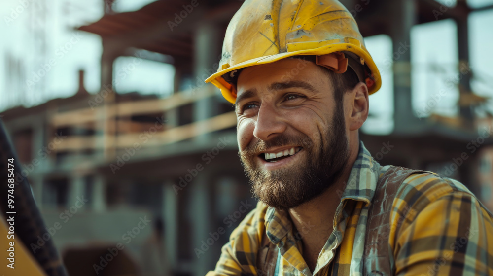 A male builder in a yellow helmet works at a construction site outdoors. A male builder in a yellow helmet works at a construction site outdoors.