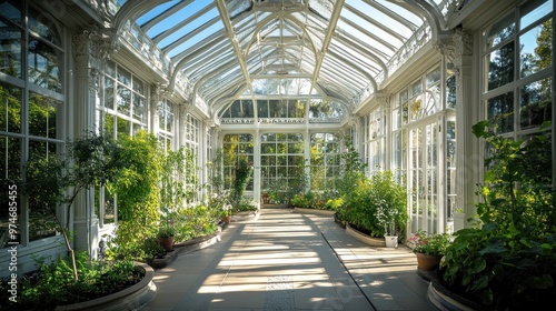 A bright, airy conservatory filled with various plants and natural light.