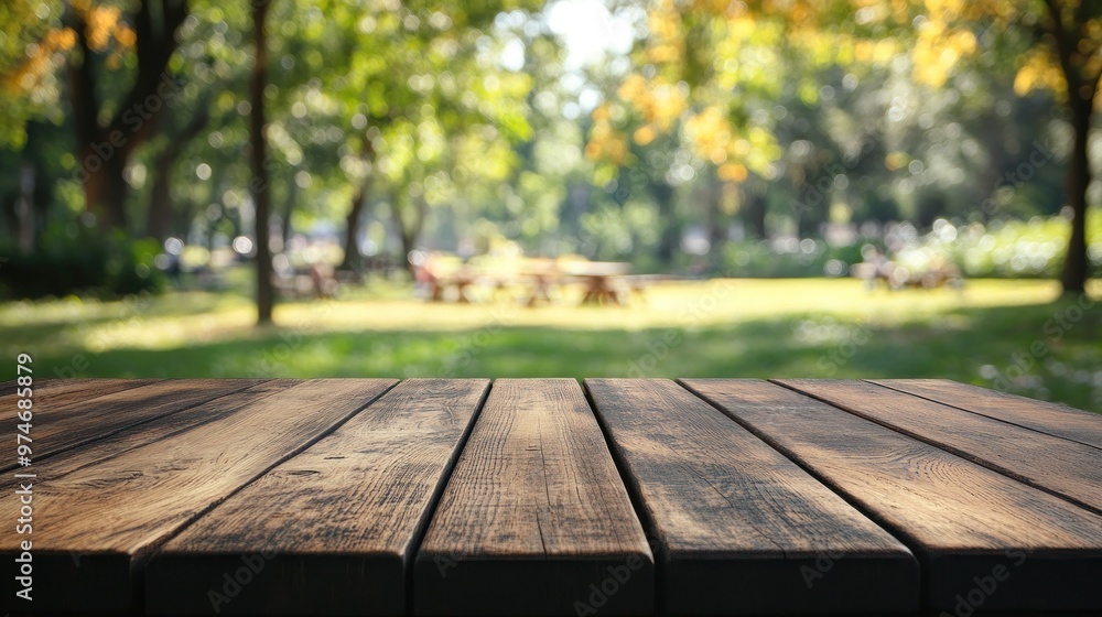A wooden table in a serene park setting, perfect for gatherings or relaxation. A wooden table in a serene park setting, perfect for gatherings or relaxation.