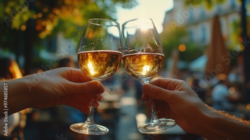 People clinking glasses with wine on the summer terrace of cafe or restaurant : Generative AI