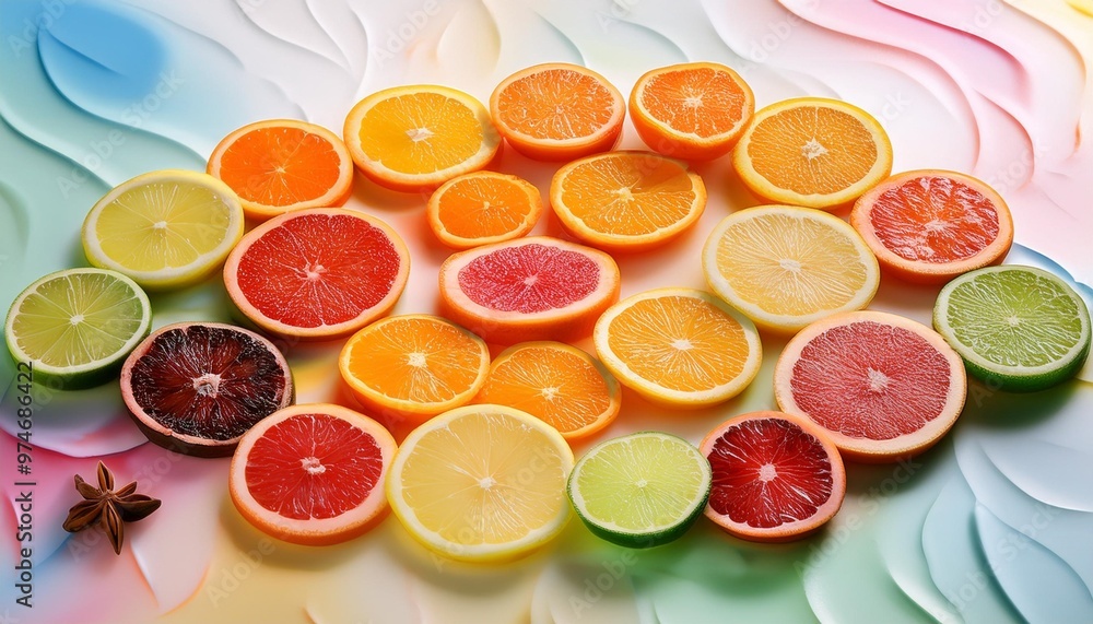 Freshly Sliced Citrus Fruits Arranged in a Colorful Spiral Pattern Freshly Sliced Citrus Fruits Arranged in a Colorful Spiral Pattern