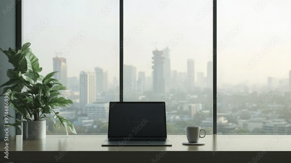 Laptop and Coffee on a Desk with City View Laptop and Coffee on a Desk with City View