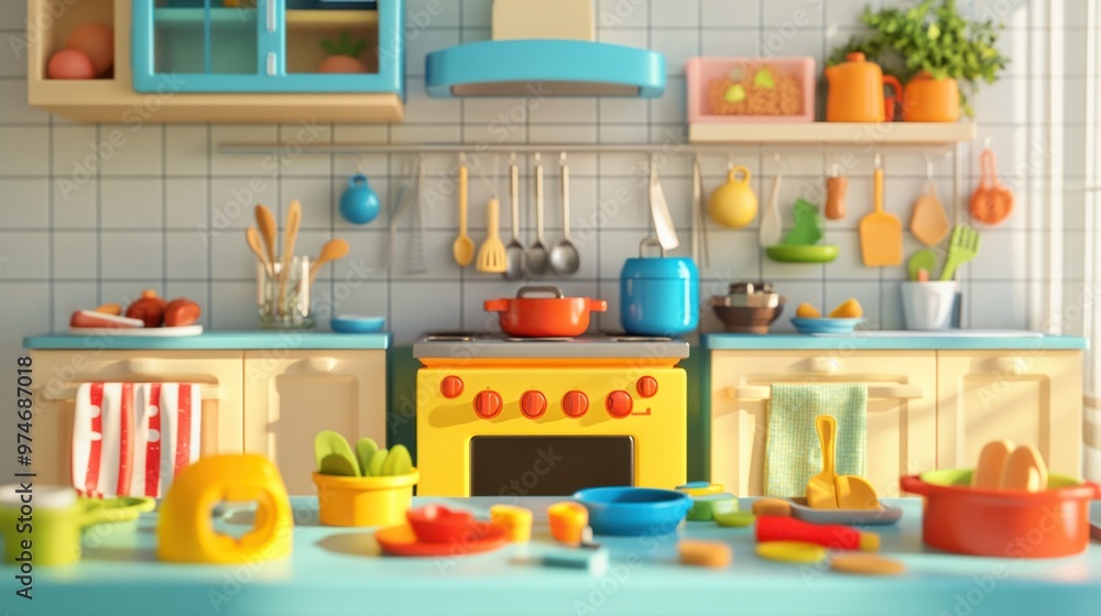 A child 3D play kitchen with toy utensils, dishes, and food scattered across the counter A child 3D play kitchen with toy utensils, dishes, and food scattered across the counter